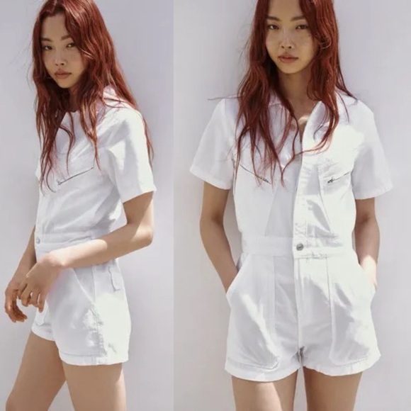 Zara Pants - Zara Utility Romper Zip Up Short WHITE Size M NEW